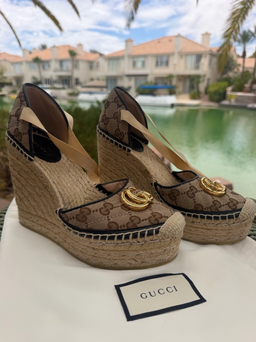 Authentic Gucci Brown GG Canvas Espadrille Wedge Sandals with Gold Double G